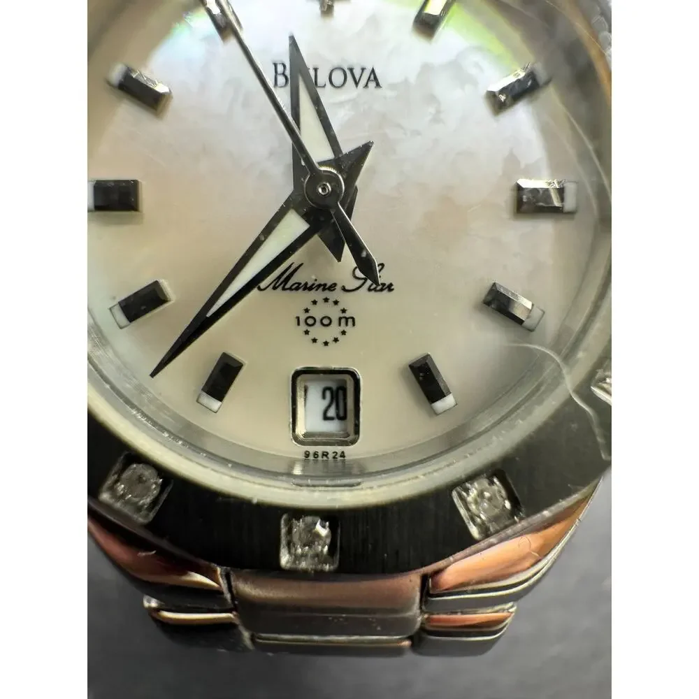 Bulova Marine Star 96R24 Women's Diamond Bezel Stainless Steel Watch Date 100M